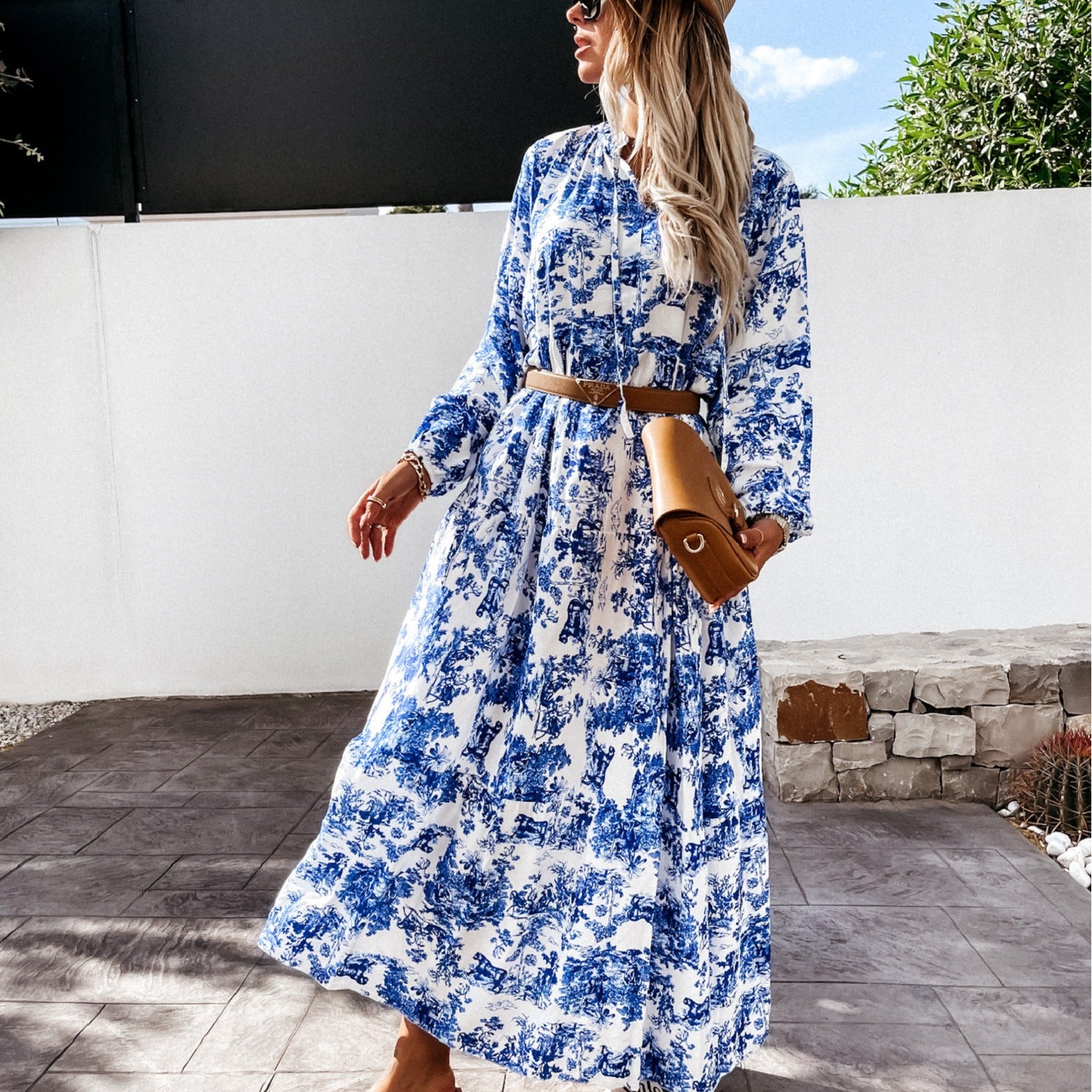 Blue Floral Long Sleeve Maxi Dress ...